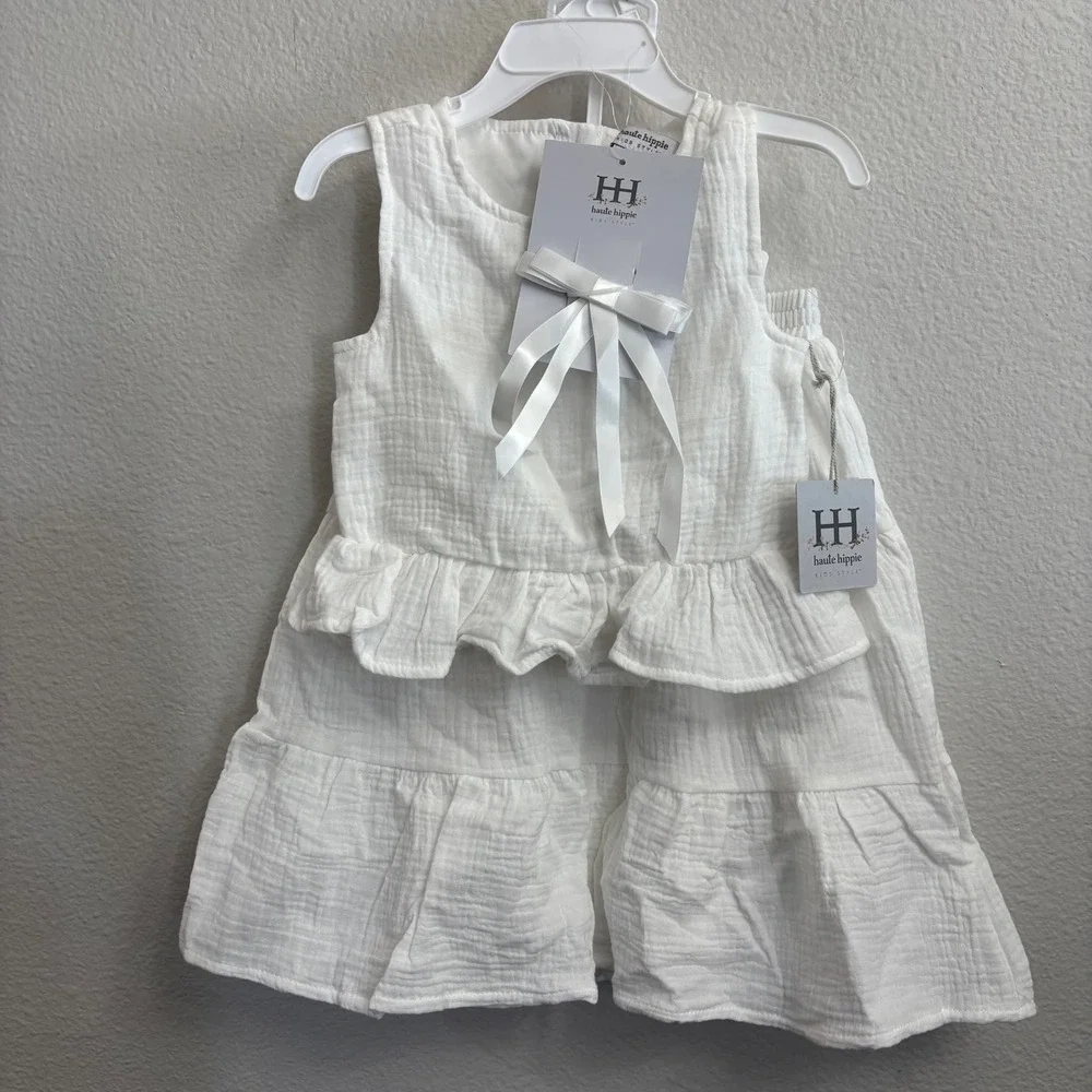 Haute Hippie Kids 3T White 3pc Set NEW Gauze Peplum Top Tiered Skirt Boho
